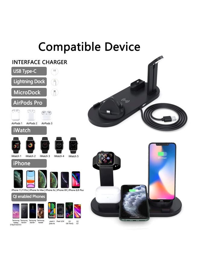 MARGOUN - 6 in 1 Wireless Charger Station for iPhone, Apple Watch, AirPods with Type-C, Micro-USB, Lightning Dock Compatible with Android/iOS Black - Image 1