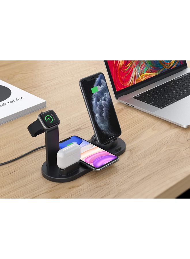 MARGOUN - 6 in 1 Wireless Charger Station for iPhone, Apple Watch, AirPods with Type-C, Micro-USB, Lightning Dock Compatible with Android/iOS Black - Image 1