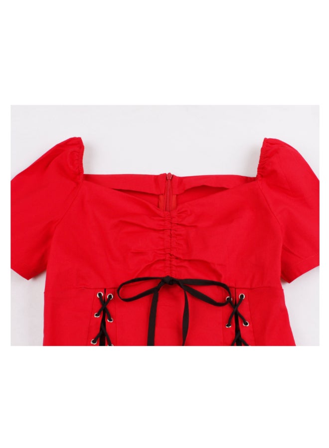 أوتاد فستان أنيق بأكتاف مكشوفة مزود برباط أحمر وأسود - Image 3