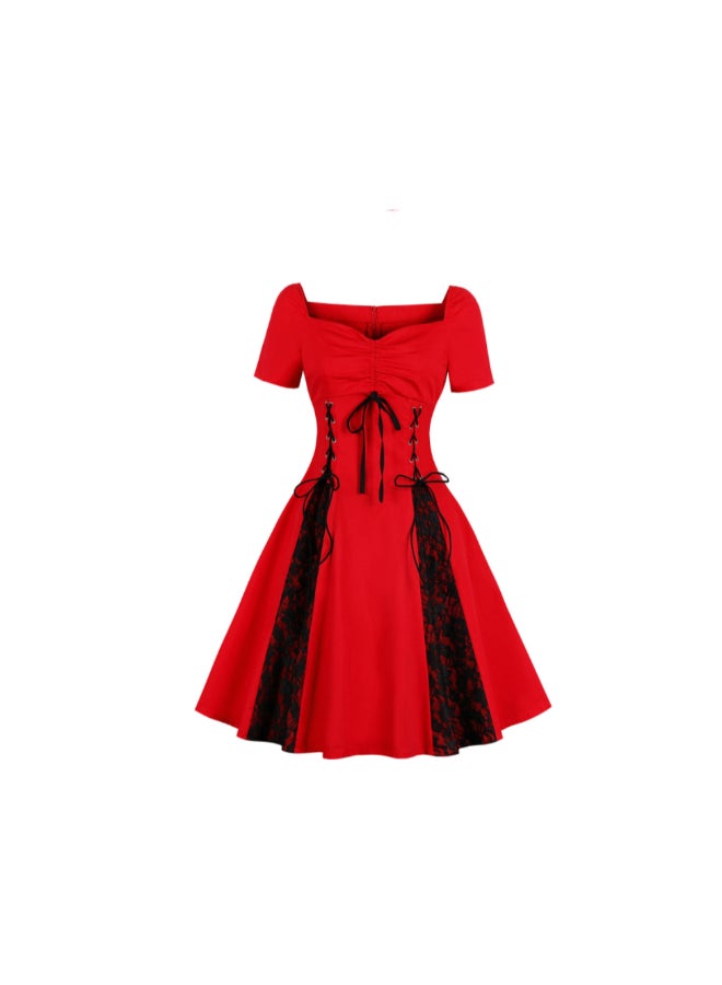 أوتاد فستان أنيق بأكتاف مكشوفة مزود برباط أحمر وأسود - Image 1