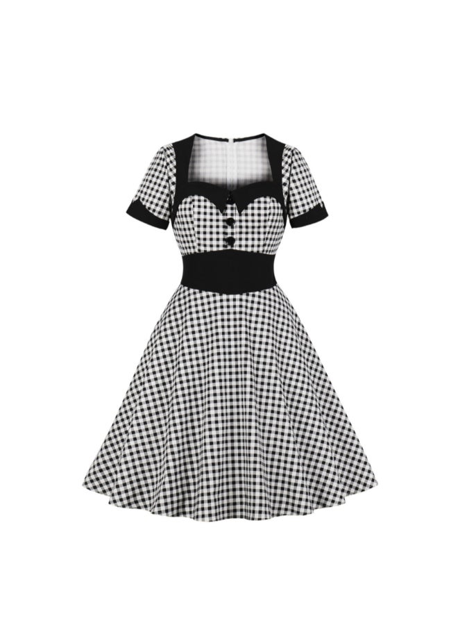 أوتاد فستان أنيق برقبة مربعة ونقشة مربعات أسود/ أبيض - Image 1