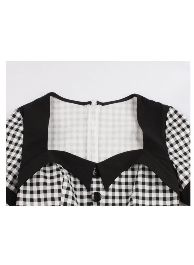 أوتاد فستان أنيق برقبة مربعة ونقشة مربعات أسود/ أبيض - Image 3