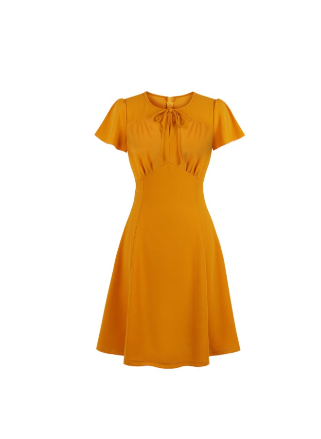 OUTAD Elegant Waist Closed Midi Dress Yellow - Image 1