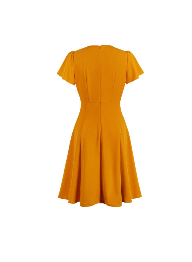 OUTAD Elegant Waist Closed Midi Dress Yellow - Image 2