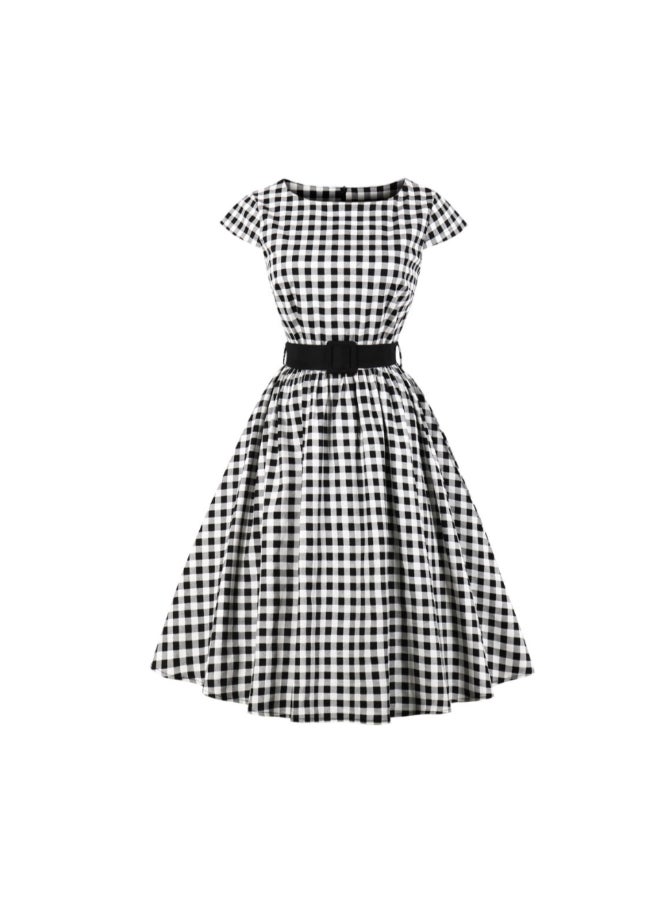 أوتاد فستان  متوسط الطول أنيق بنقشة مربعات أسود/ أبيض - Image 1