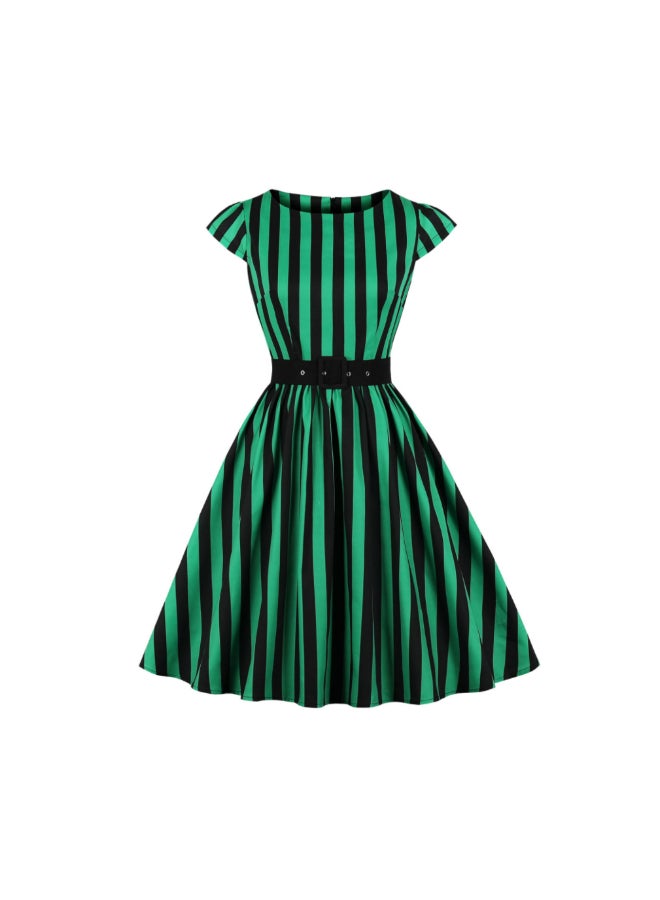 OUTAD Striped Elegant Midi Dress Green/Black - Image 1