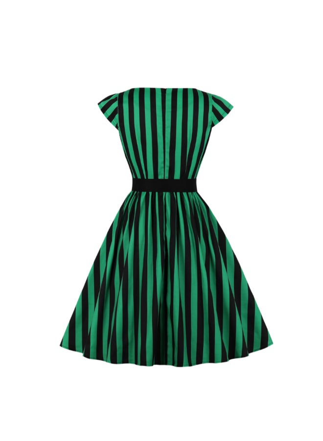 OUTAD Striped Elegant Midi Dress Green/Black - Image 2