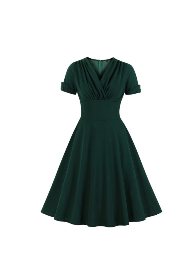 OUTAD - V-Neck Elegant Retro Dress Green - Image 1