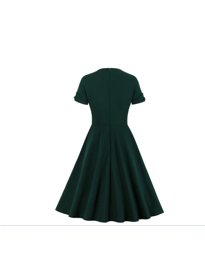 OUTAD - V-Neck Elegant Retro Dress Green - Image 1