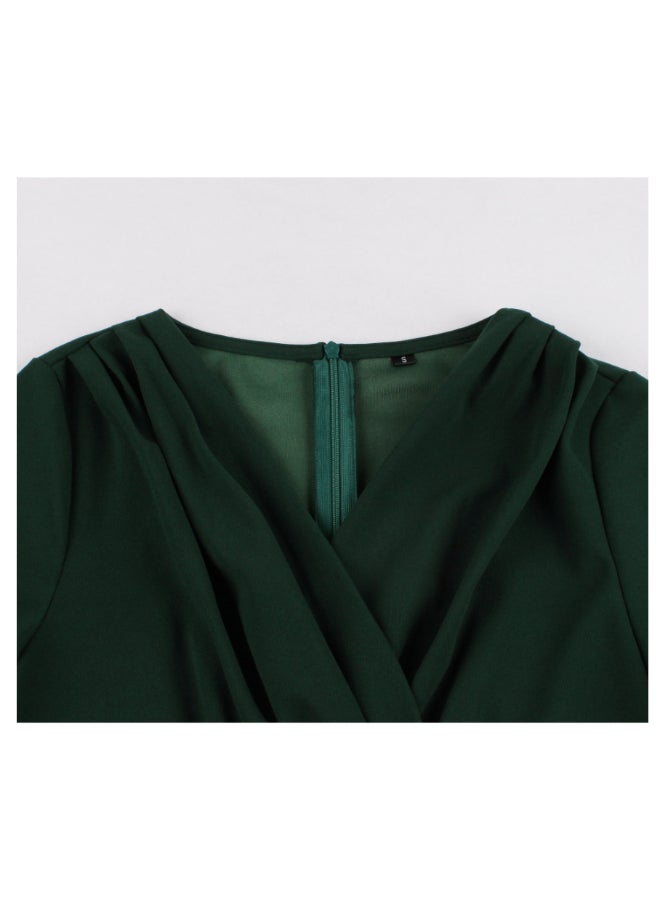 OUTAD - V-Neck Elegant Retro Dress Green - Image 1