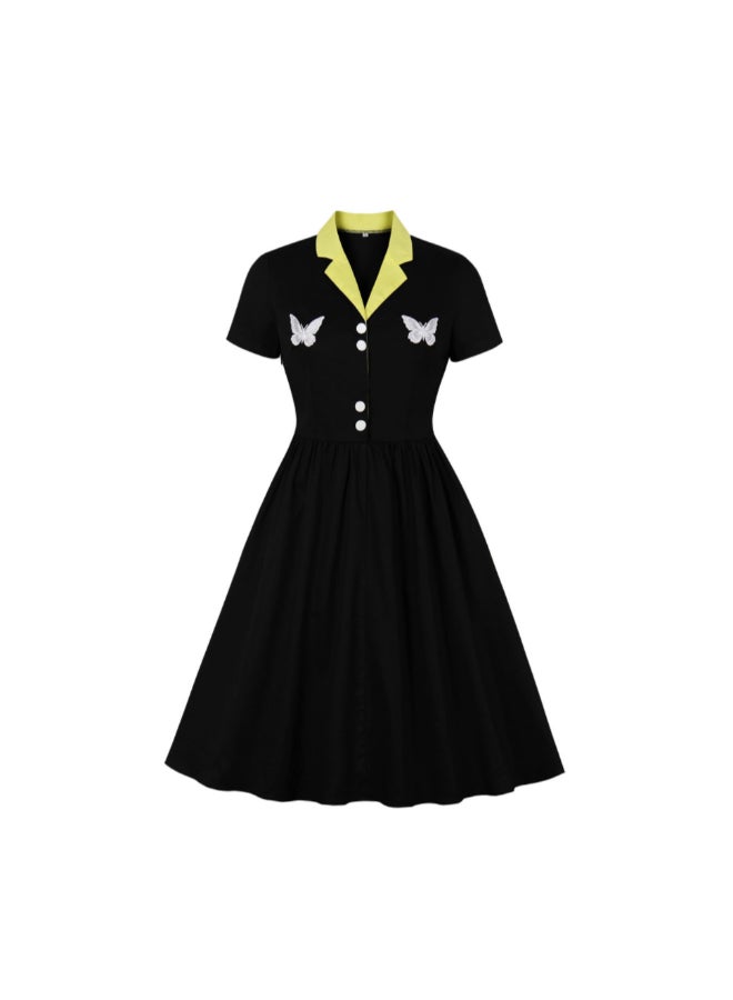 OUTAD - Contrast Embroidery Elegant Dress Black - Image 1