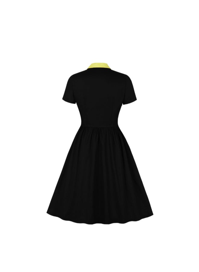OUTAD - Contrast Embroidery Elegant Dress Black - Image 1