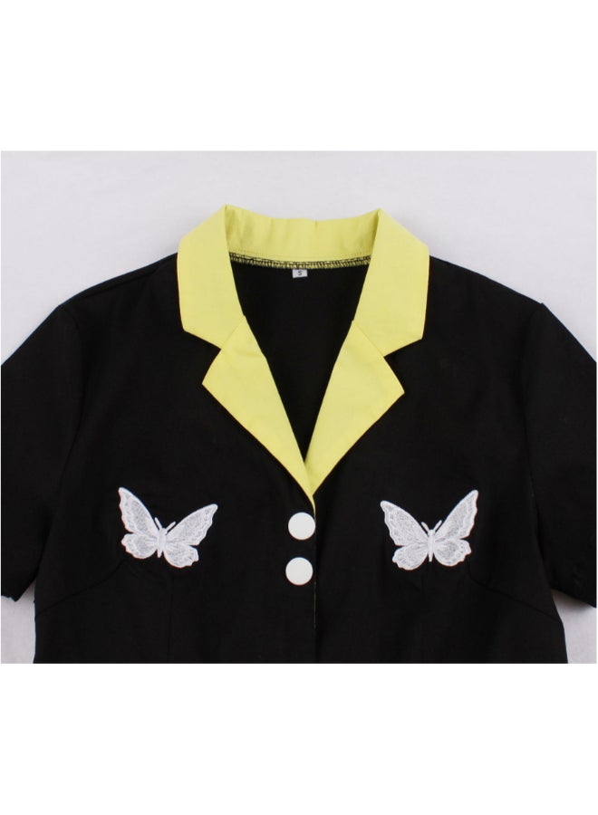 OUTAD - Contrast Embroidery Elegant Dress Black - Image 1