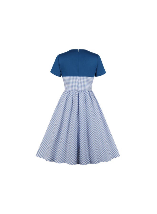 أوتاد فستانٌ أنيق متوسط الطول بنقشة مربعات أزرق/ أبيض - Image 2