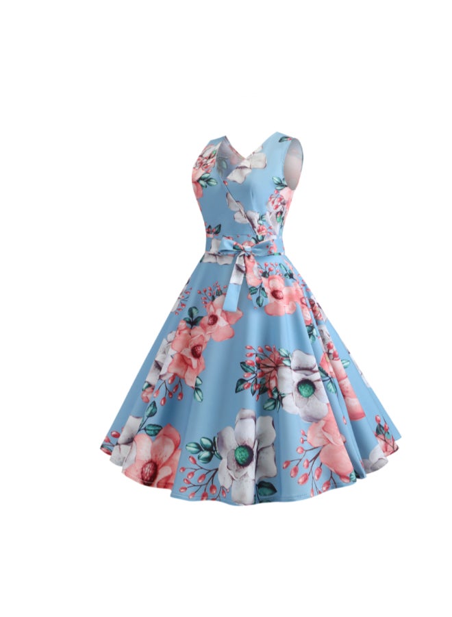 أوتاد فستان أنيق متوسط الطول بطبعة أزهار أزرق - Image 3