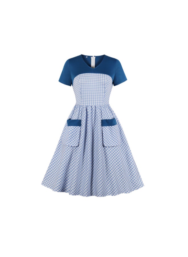 أوتاد فستانٌ أنيق متوسط الطول بنقشة مربعات أزرق/ أبيض - Image 1