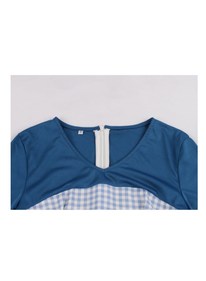 أوتاد فستانٌ أنيق متوسط الطول بنقشة مربعات أزرق/ أبيض - Image 3