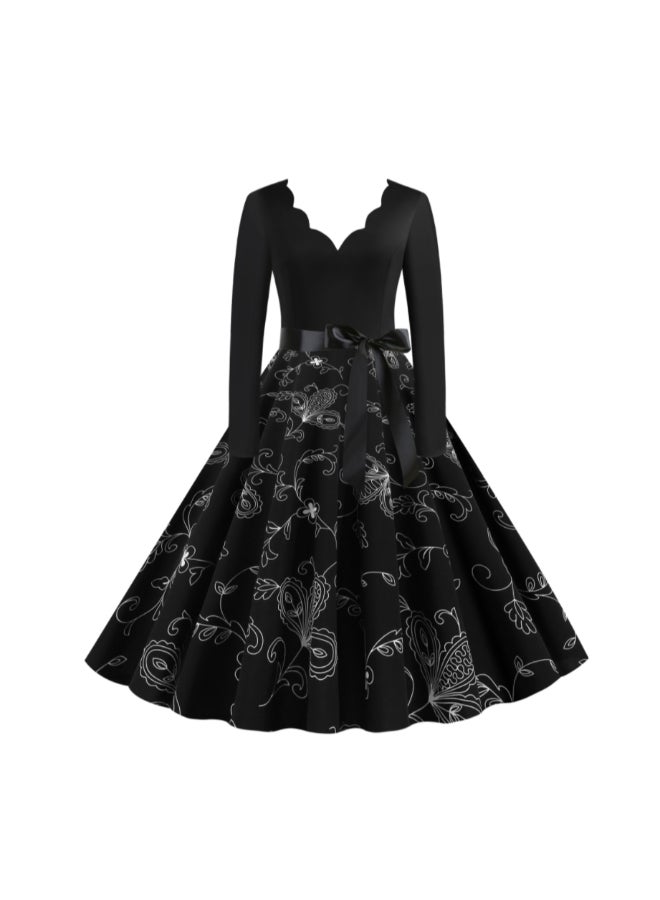 أوتاد فستان متوسط الطول أنيق ومطبوع أسود - Image 1