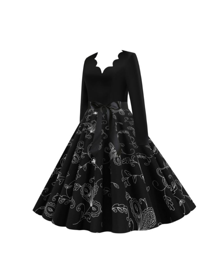 أوتاد فستان متوسط الطول أنيق ومطبوع أسود - Image 3