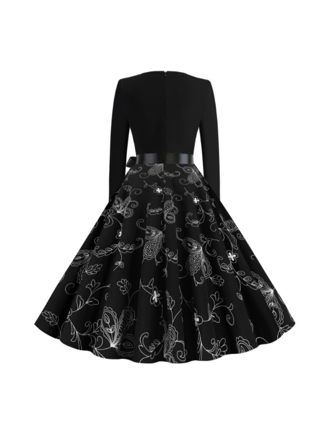 أوتاد فستان متوسط الطول أنيق ومطبوع أسود - Image 2