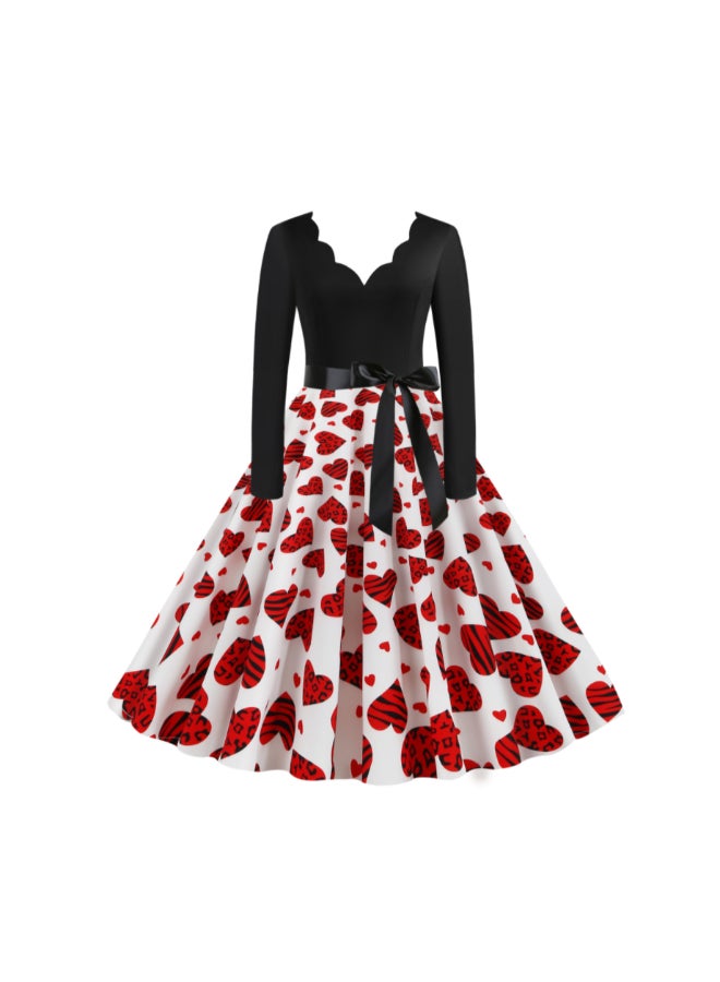 أوتاد فستان متوسط الطول أنيق ومطبوع أسود/أحمر/أبيض - Image 1