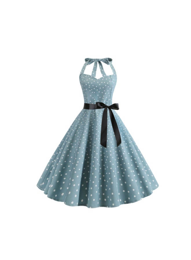 OUTAD Lace Up Polka Dot Print Dress Blue/White  - Image 1