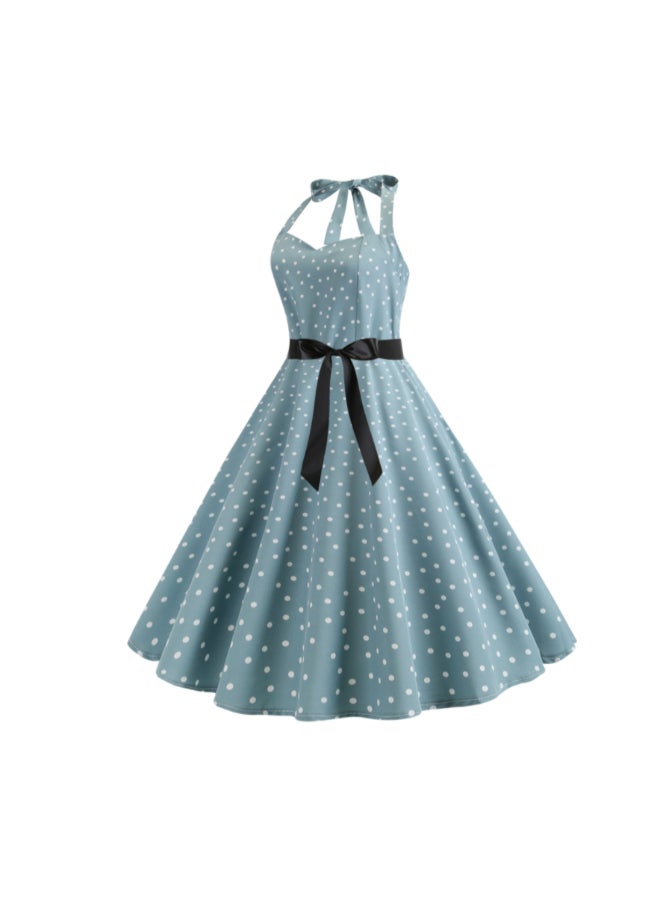 OUTAD Lace Up Polka Dot Print Dress Blue/White  - Image 2