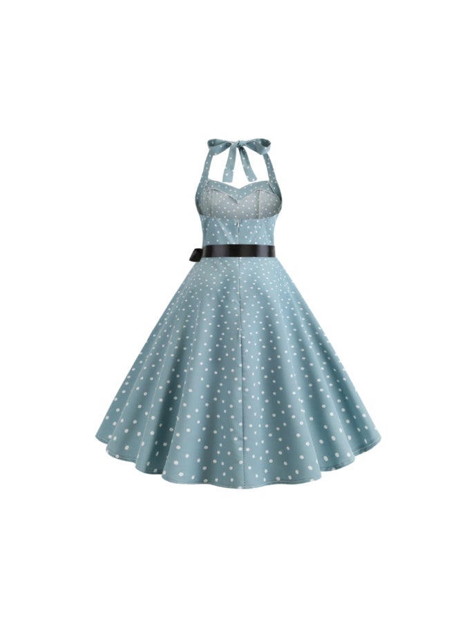 OUTAD Lace Up Polka Dot Print Dress Blue/White  - Image 3