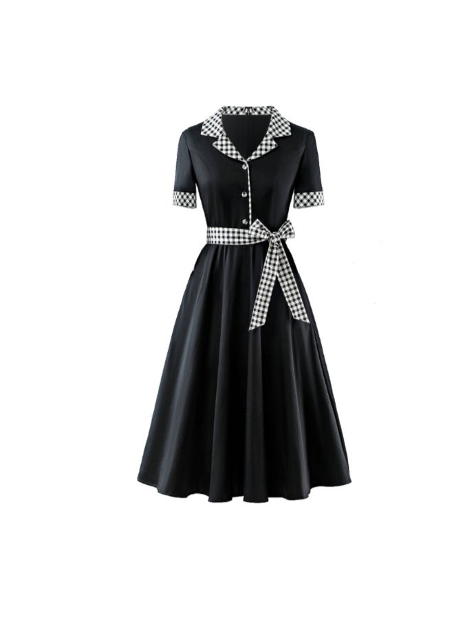 OUTAD Plaid Lapel Elegant Dress Black - Image 1