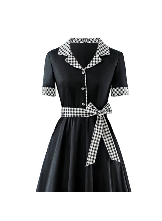 OUTAD Plaid Lapel Elegant Dress Black - Image 3
