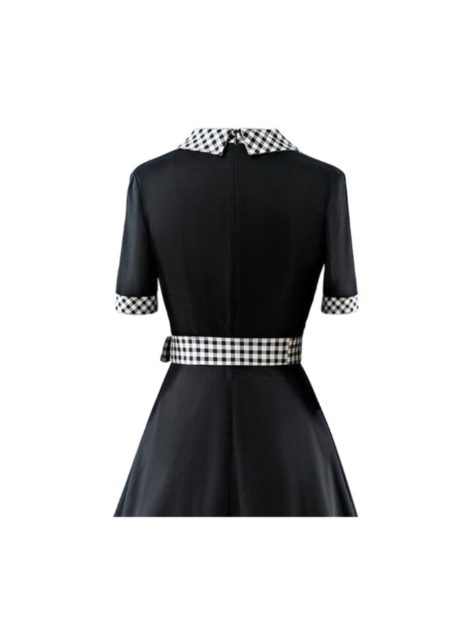 OUTAD Plaid Lapel Elegant Dress Black - Image 4