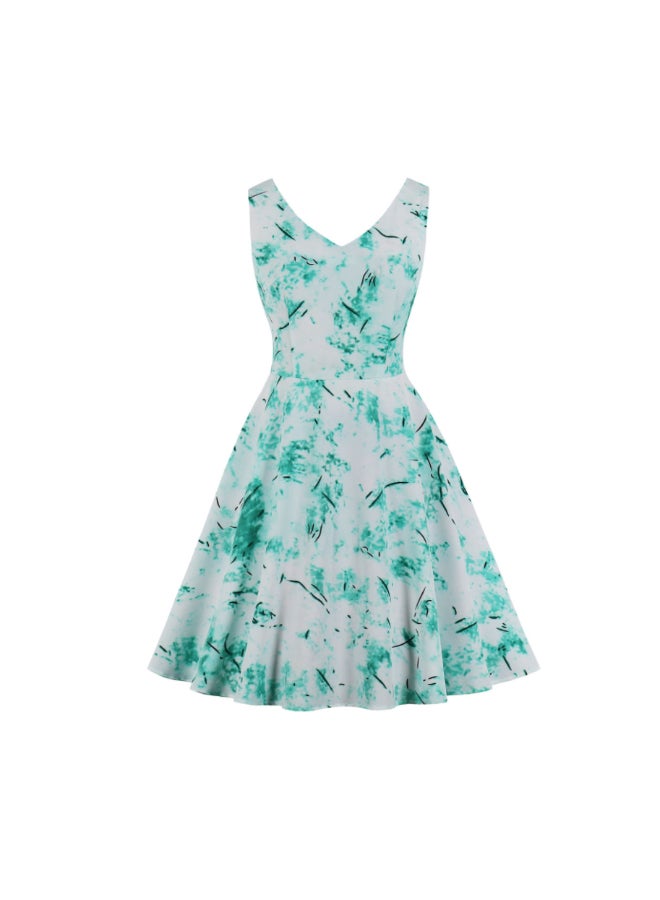 أوتاد فستان متوسط الطول أنيق ومطبوع أخضر/أبيض - Image 1