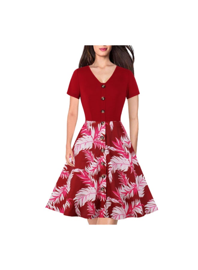 OUTAD - Elegant V-Neck Printed Dress Red - Image 1