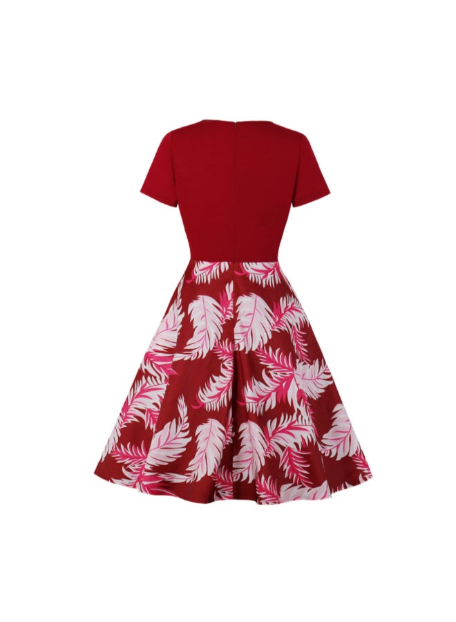 OUTAD - Elegant V-Neck Printed Dress Red - Image 1