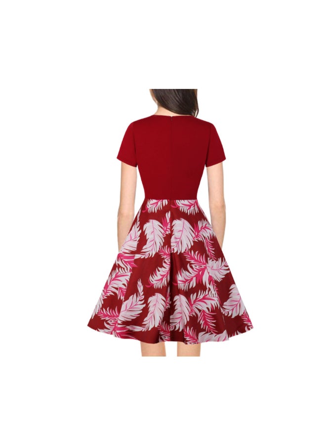 OUTAD - Elegant V-Neck Printed Dress Red - Image 1