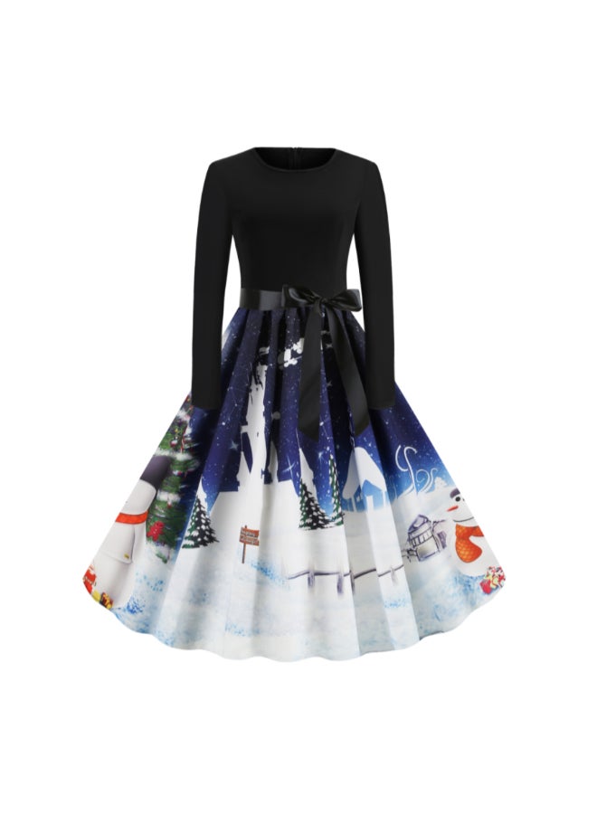 أوتاد فستان أنيق بأكمام طويلة مزين بطبعة أسود/ أبيض - Image 1