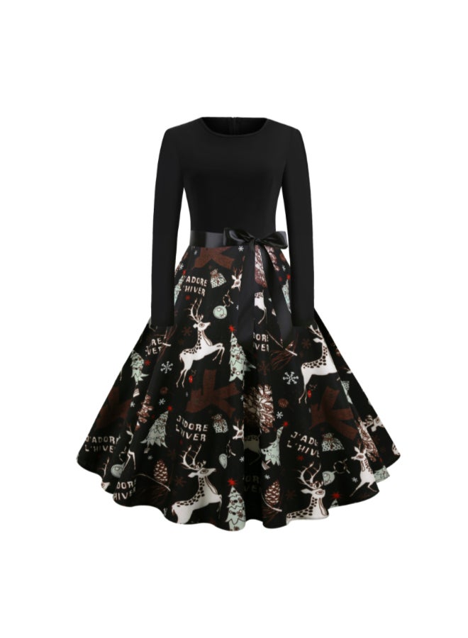 أوتاد فستان متوسط الطول أنيق ومطبوع أسود/بني/أبيض - Image 1