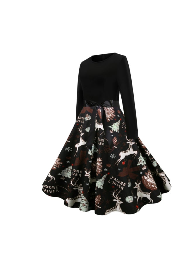 أوتاد فستان متوسط الطول أنيق ومطبوع أسود/بني/أبيض - Image 3