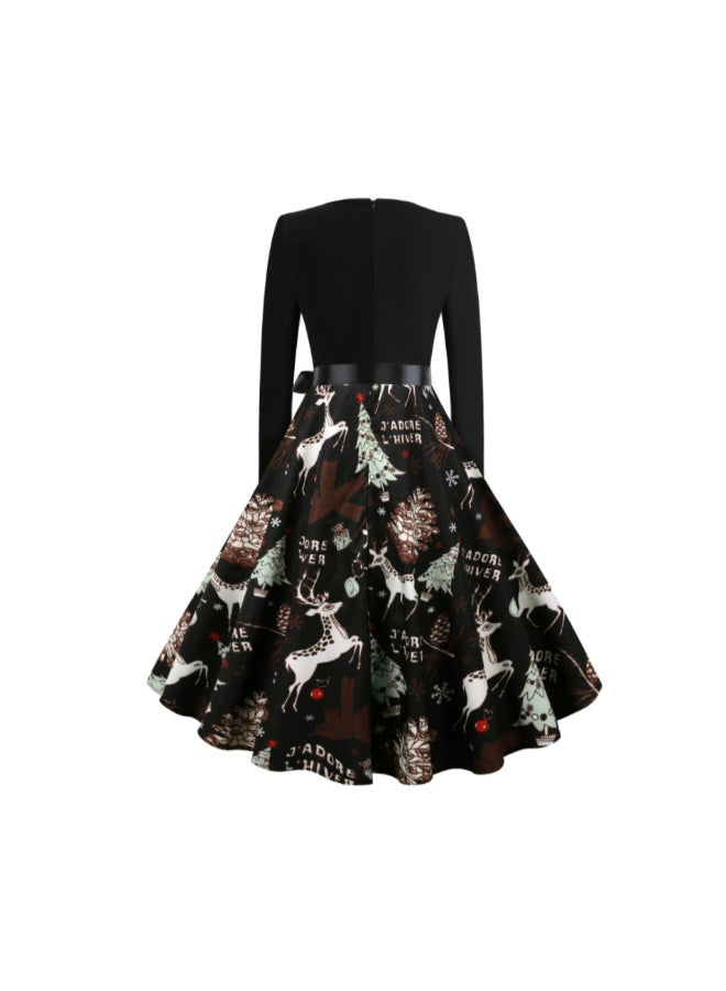 أوتاد فستان متوسط الطول أنيق ومطبوع أسود/بني/أبيض - Image 2