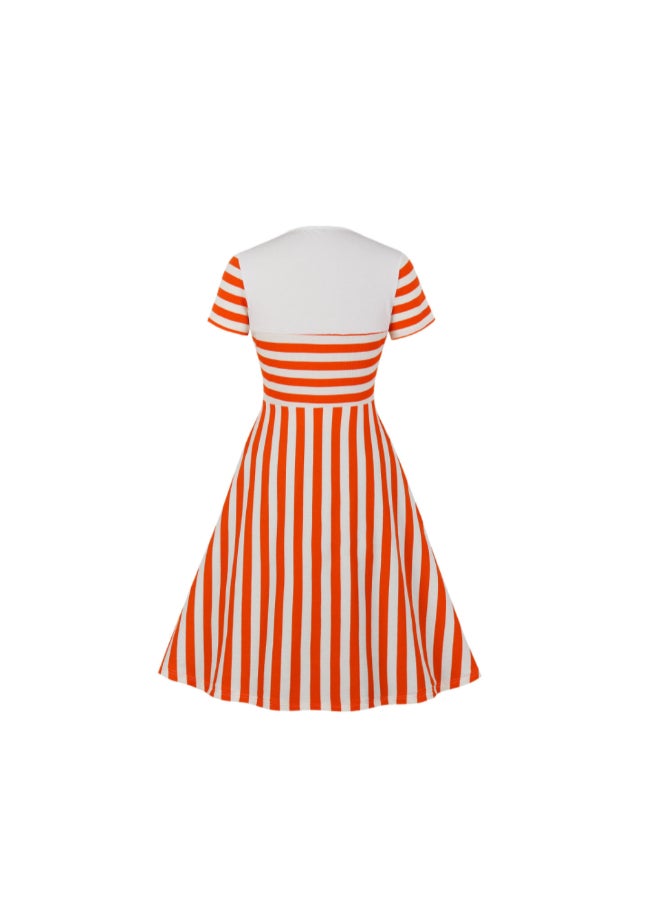 أوتاد فستان أنيق متوسط الطول بتصميم مخطط برتقالي / أبيض - Image 2