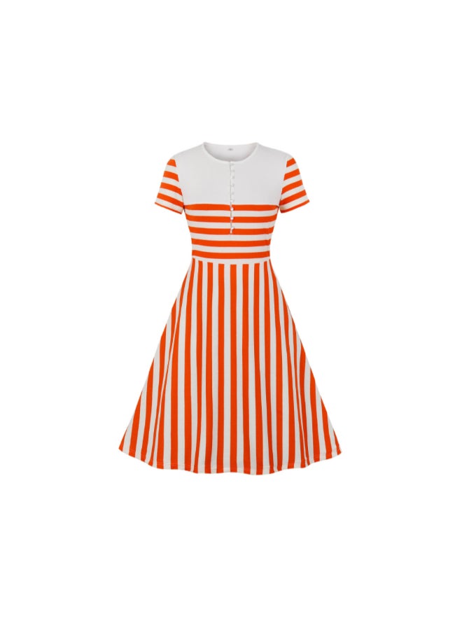 أوتاد فستان أنيق متوسط الطول بتصميم مخطط برتقالي / أبيض - Image 1