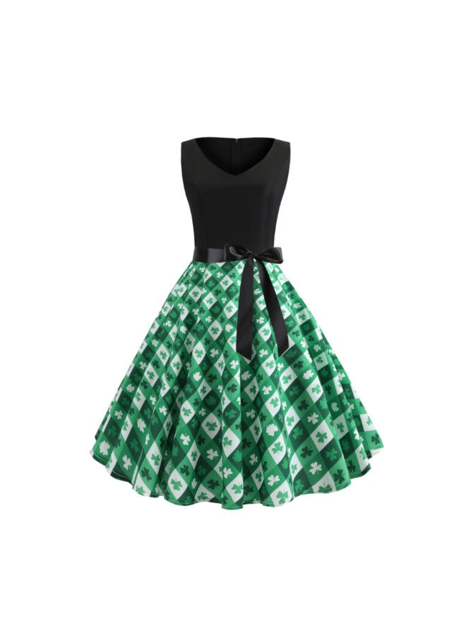 أوتاد فستان أنيق مزين بطبعة وفتحة رقبة على شكل حرف V أخضر/أسود/أبيض - Image 1