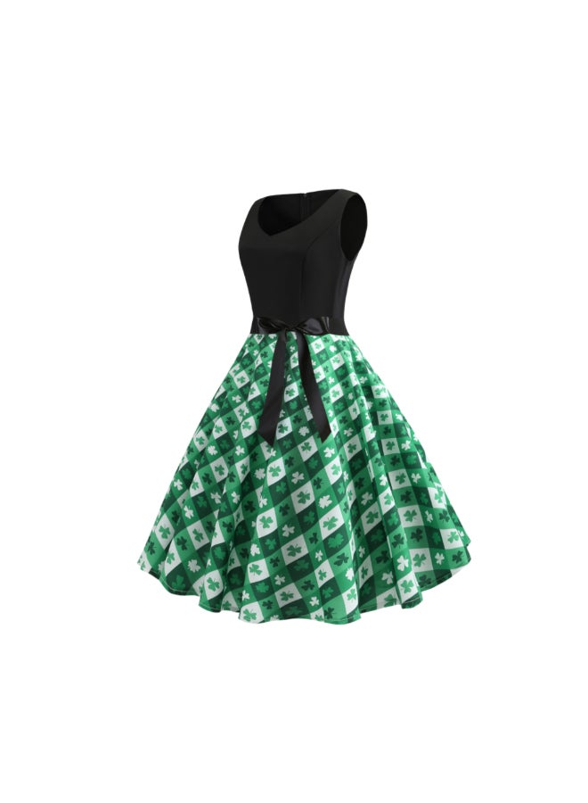 أوتاد فستان أنيق مزين بطبعة وفتحة رقبة على شكل حرف V أخضر/أسود/أبيض - Image 2