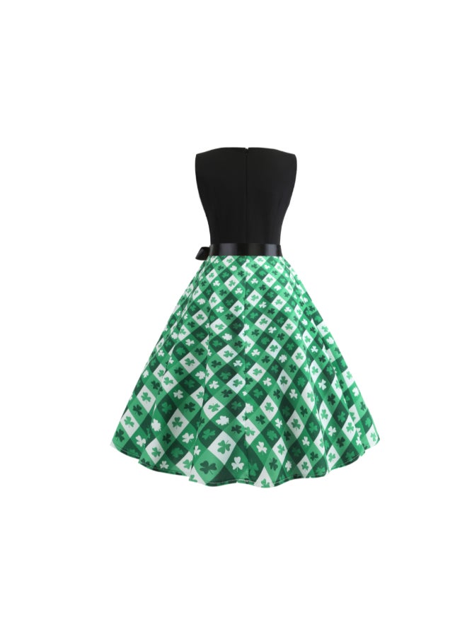 أوتاد فستان أنيق مزين بطبعة وفتحة رقبة على شكل حرف V أخضر/أسود/أبيض - Image 3