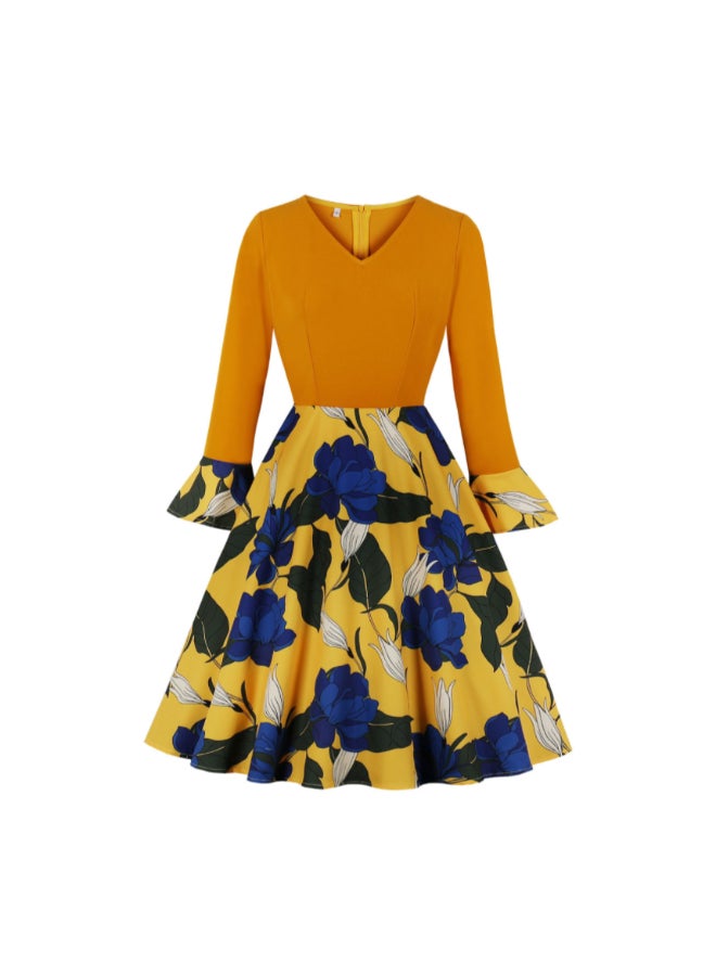 OUTAD Printed Contrast Elegant Dress Multicolour - Image 1