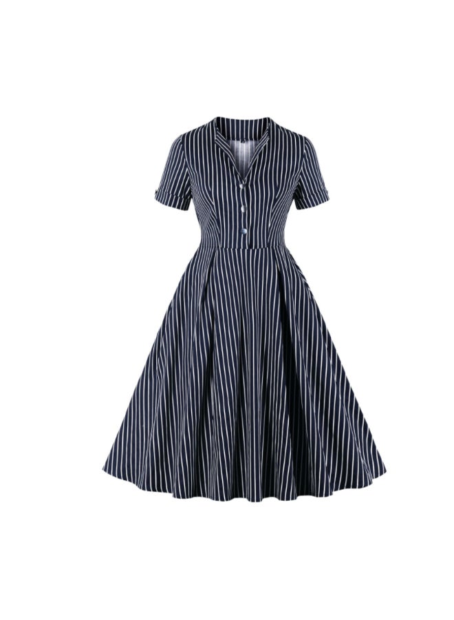 OUTAD Retro Striped Elegant Dress Black/White - Image 1