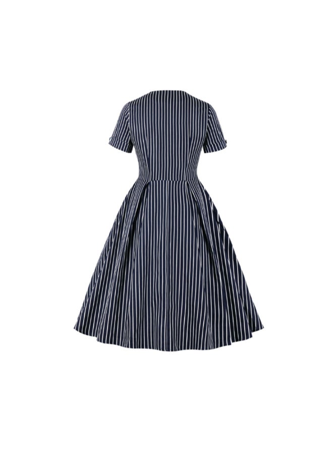 OUTAD Retro Striped Elegant Dress Black/White - Image 2