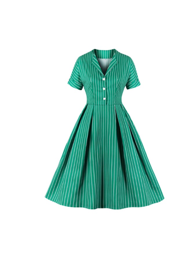 OUTAD Retro Striped Elegant Dress Green - Image 1