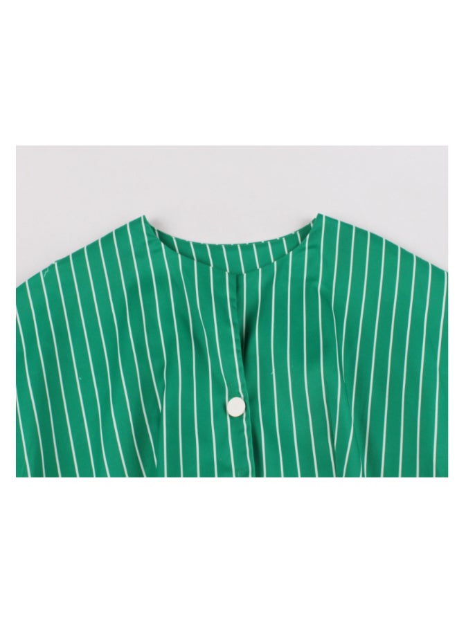 OUTAD Retro Striped Elegant Dress Green - Image 3