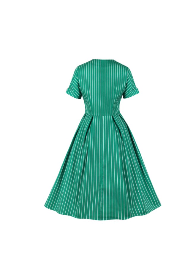 OUTAD Retro Striped Elegant Dress Green - Image 2